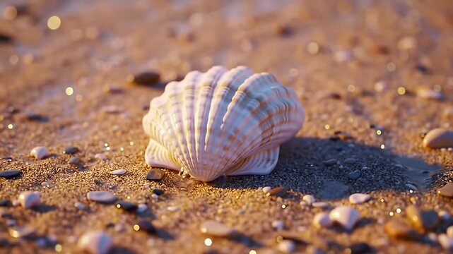 Close-up view of a scallop shell on wet sand in sunlight, serene & peaceful
