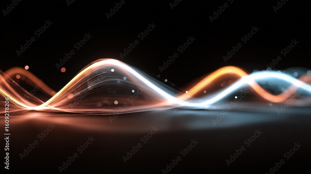 Poster glow of brainwaves represented by luminous curves in dark space with a clear left third