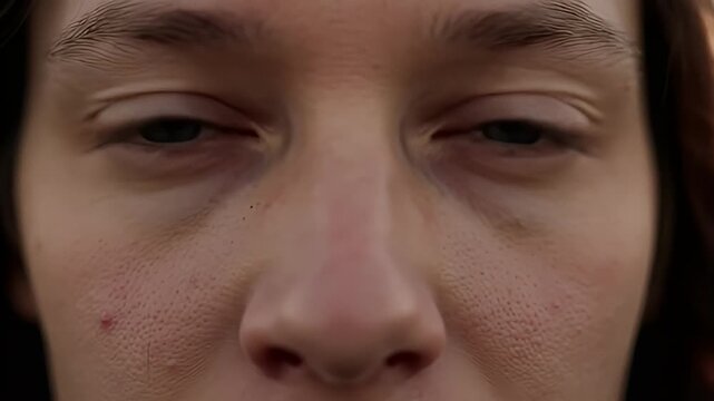 Extreme closeup of woman's face, focusing on blue eyes and textured skin detail