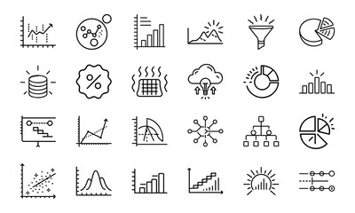 Line Art Icons for Data Analysis, Business Intelligence, and Graph Representation