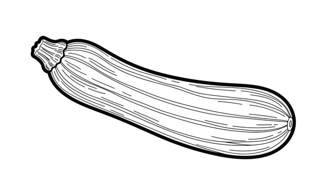 A detailed black and white drawing of a long curved zucchini squash with fine lines showing its ribbed texture and a stem at the top end