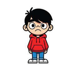 Sad Cartoon Boy Character in Red Hoodie Vector Illustration