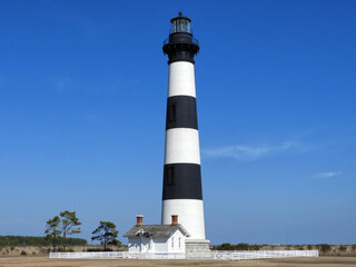 Bodie Island lighthouse against blue sky. 