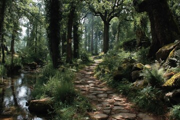 Fototapeta premium Nature trail walk in wildlife terrain, surrounded by foliage