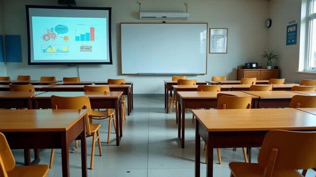 Empty classroom with student presentations on screen, showcasing learning, education, technology, and modern teaching methods in 4K video.
