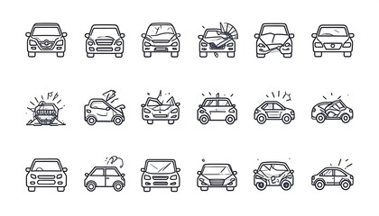 Line art illustrations of various damaged cars