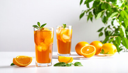 Fototapeta premium Refreshing citrus iced tea in a clear glass with ice cubes and fresh garnish