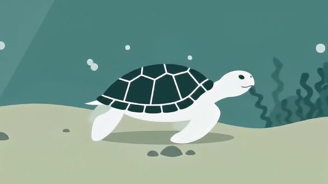 Undersea scene with a turtle swimming over the sandy bottom. Bubbles rising