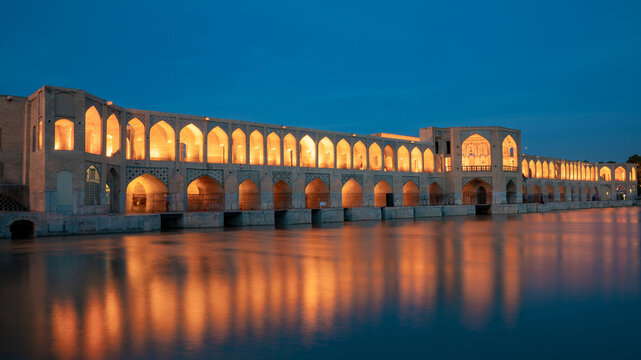 Khaju Bridge, a stunning 17th-century Safavid era structure over the Zayandeh River. Long exposure shot. Blur done intentionally