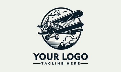 Vintage biplane logo design, soaring above clouds, within a circular frame, ready for branding.