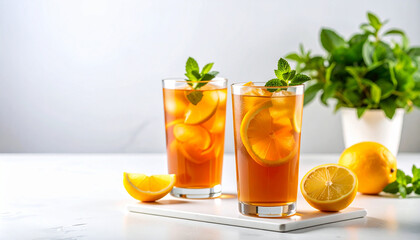 Fototapeta premium Refreshing citrus iced tea in a clear glass with ice cubes and fresh garnish