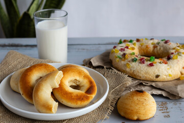 Colombian pandebono freshly baked on rustic background