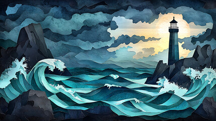 Dramatic seascape illustration of a coastal lighthouse standing firm against a powerful storm, its beacon of light symbolizing guidance and safety through crashing ocean waves.