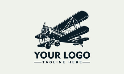 Vintage biplane illustration with propeller, wheels, and text, ready for logo design.