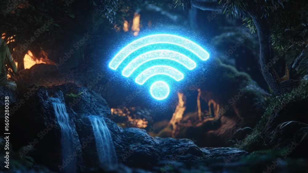 Poster glowing wi-fi symbol surrounded by verdant jungle and cascading waterfall environment in a mystical 