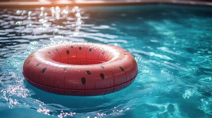 bright watermelon inflatable ring floats on pool