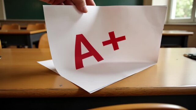 Focus on an A+ grade paper in a classroom, evoking academic achievement and educational success, perfect for marketing or promotional materials.