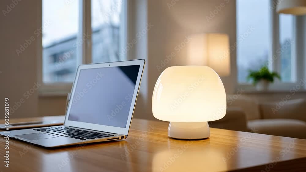 Aufkleber cozy modern workspace sleek laptop and stylish lamp create inviting atmosphere with soft light for p