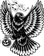 Fototapeta premium SVG of a Halloween bird wearing a witch hat with a pumpkin, in a playful tattoo style. Black Bird with Wings Spread and Pumpkin in Its Claw for Halloween