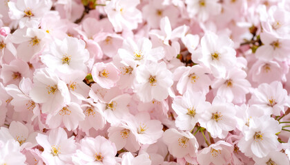 Fototapeta premium Dense cherry blossom canopy with closeup view of branches and pink spring flowers