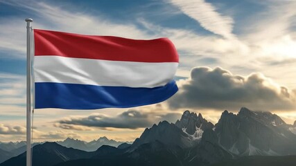 Dutch flag billowing proudly against a dramatic mountain sunset. - Powered by Adobe