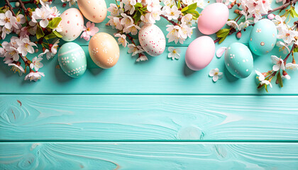 Easter eggs with cherry blossom branch on soft turquoise wooden background