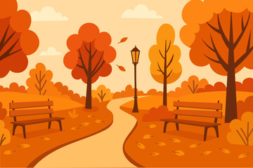 Panoramic autumn park with trees, benches, leaves, path, lamp, clouds, hills, and sky in soft fall tones for seasonal illustrations or backgrounds.