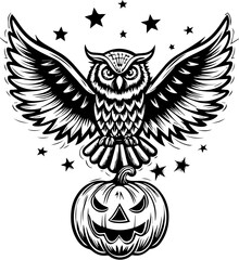 Obraz premium SVG of a Halloween bird wearing a witch hat with a pumpkin, in a playful tattoo style. Black and White Owl Wings Spread Over Halloween Pumpkin Design