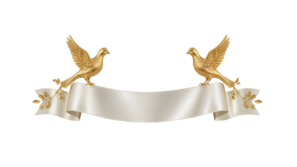 Elegant golden doves perched on a satin banner on an isolated transparent surface, perfect for
