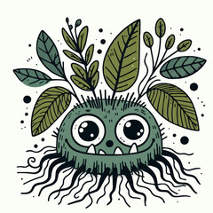 Hand drawn botanical monster A quirky plant creature with leaves and roots sprouting facial features