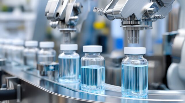 Automated pharmaceutical production line, robotic arms filling pill bottles, transparent packaging, stainless steel surroundings, ultra-hygienic factory environment