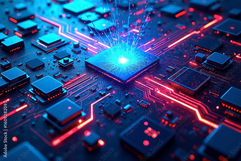 Poster x-default close-up of a circuit board with glowing components