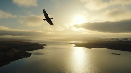 Fototapeta premium A bird soars above a tranquil lake at golden hour.