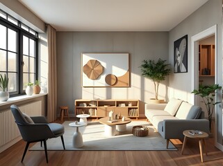 Fototapeta premium 3d japandi studio apartment interior, earthy minimal decor, geometric wall art, space-saving furniture, clean neutral colors, compact design