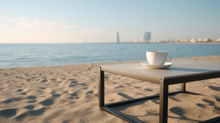 calm morning at imaginary Madrid beach, minimalistic coffee table in the sand, cup of espresso, sunrise over the sea, soft shadows, empty beach