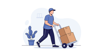 Delivery man pushing a cart full of cardboard boxes delivering packages to a customer's doorstep