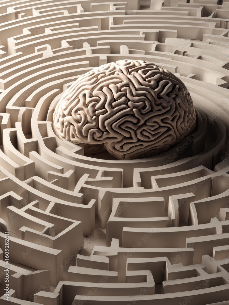 Poster explore the intricate brain-shaped labyrinth design with a clear path leading towards the top left c