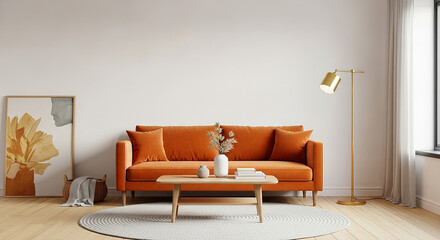 orange sofa mockup, Vibrant modern interior with bold orange sofa wooden coffee table ceramic vases golden floor lamp and floral wall art in bright room

