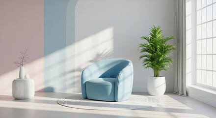 blue armchair mockup, Minimal pastel interior with curved blue armchair potted green plant white vase pedestal and soft daylight in stylish modern room

