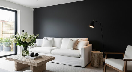 white sofa mockup, Stylish modern interior with white sofa black accent wall stone coffee table fresh flower vase and wood armchair in cozy daylight scene

