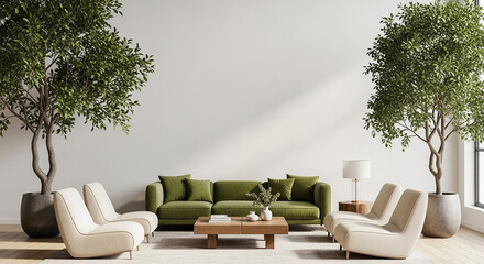 green sofa mockup, Modern living room with green fabric sofa white lounge chairs large potted trees wooden coffee table and natural daylight in open layout

