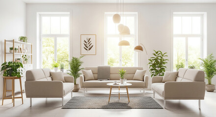 living room mockup, Bright natural living room with three beige sofas indoor green plants round wooden coffee tables and pendant lights in modern interior

