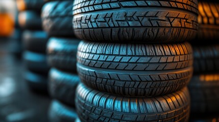 Car tires. Black rubber wheel with different tread patterns, vehicle maintenance service workshop concept