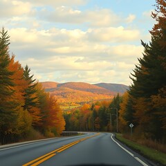Scenic autumn drive through colorful forested hills