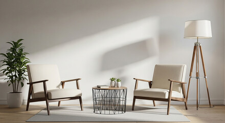 armchair interior mockup, Two mid-century modern beige armchairs wire coffee table tripod floor lamp and green plant in minimalist sunlit living room setup

