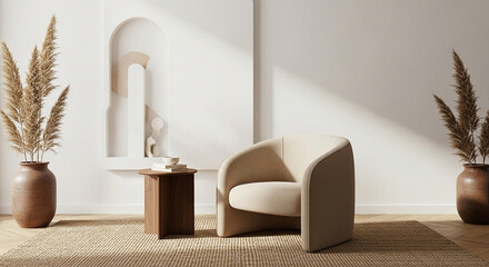 armchair boho mockup, Beige curved armchair with wooden side table teacup and decorative pampas grass in sunlit boho minimal interior with arched wall niche

