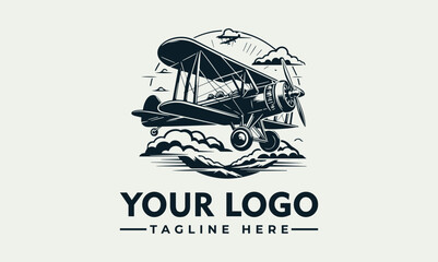 Illustration of a biplane flying through clouds with a sunburst in the background. © nuaari