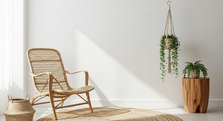 rattan chair mockup, Natural sunlit corner with woven rattan armchair hanging plant wooden stump side table and jute rug in organic peaceful interior scene


