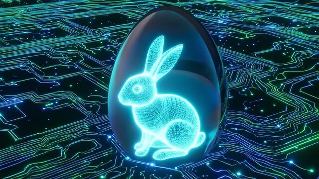 Digital easter egg with glowing rabbit on circuit background