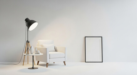 armchair lamp mockup, Minimalist interior with white armchair floor lamp side table and blank poster frame ideal for modern home decor presentation

